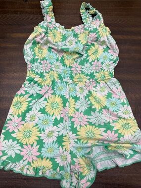 btween Green Floral Smocked Romper with Pink and Yellow Daisies